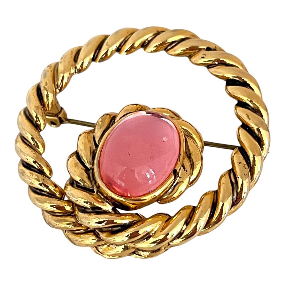 Vintage 1960s Gripoix Style Cabochon Brooch Pink Glass Gold Tone Rope Pin - 8U